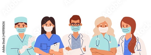 Group of doctors and nurses in coats and face masks standing together. Banner with team of medical staff or hospital workers in medic uniform. Flat vector illustration isolated on white background