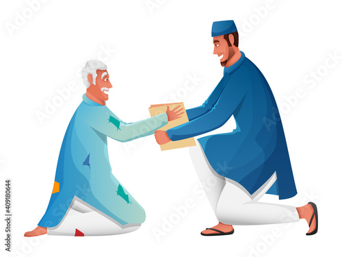 Muslim Man Giving Donation To A Beggar On White Background.
