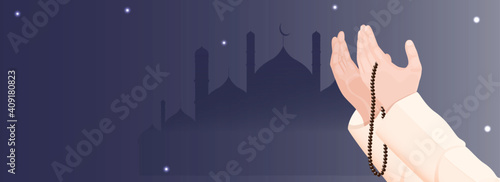 Illustration Of Muslim Praying Hands With Tasbih On Blue Silhouette Mosque Background.