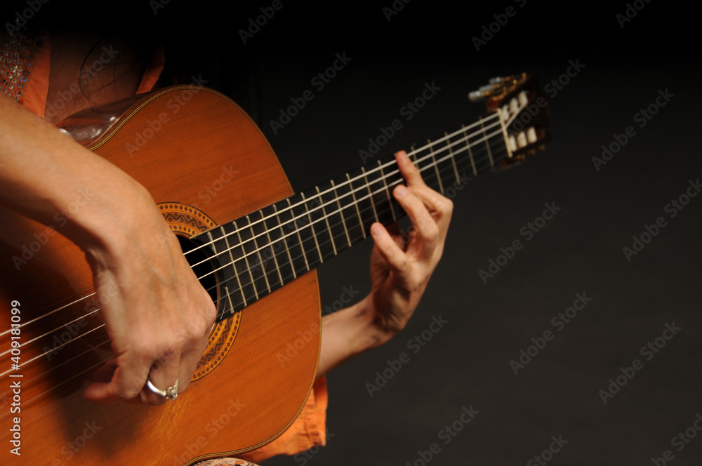 Close up of an acoustic guitar being played