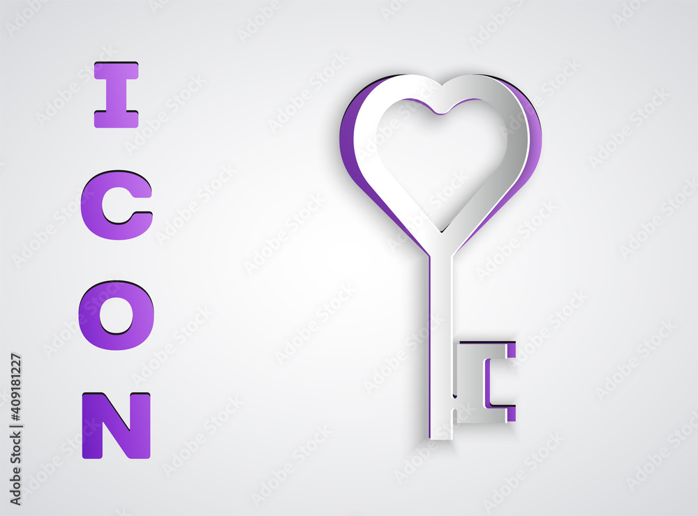 Paper cut Key in heart shape icon isolated on grey background. Valentines day symbol. Paper art style. Vector. Paper cut Key in heart shape icon isolated on grey background. Valentines day symbol. Paper art style. Vector.