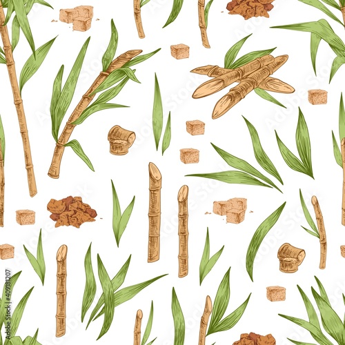 Seamless botanical pattern with piles and cubes of brown sugar, cane leaves and branches. Endless repeatable texture with sugarcane. Hand-drawn vector illustration on white background