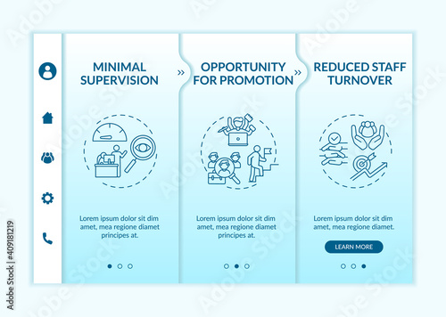 Employee training advantages onboarding vector template. Worker position advancement. Reduced staff turnover. Responsive mobile website with icons. Webpage walkthrough step screens. RGB color concept