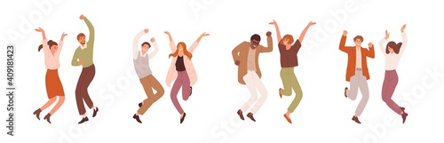 Group of happy laughing people jumping up and celebrating victory. Couples of energetic and cheerful men and women having fun and dancing. Colored flat vector illustration isolated on white background
