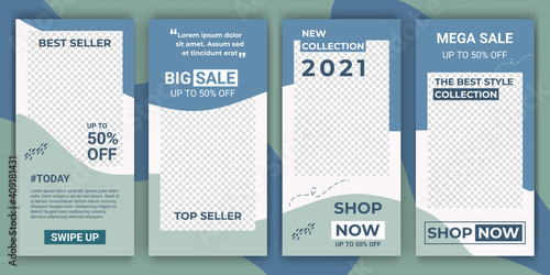 Ig stories frame templates. Set of social media stories and post frame. Vector background. Blue and grey abstract collage layout design. Mockup for personal blog or shop. Layout for promotion