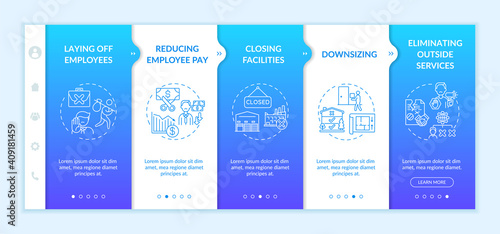 Cost cutting measures onboarding vector template. Closing facilities. Responsive mobile website with icons. Webpage walkthrough 5 steps screens. Business process optimization. RGB color concept