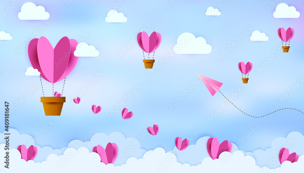 Pink heart hot air balloon flying in the sky. Valentines day background with Heart Shaped Balloons vector illustration, banner, wallpaper design.