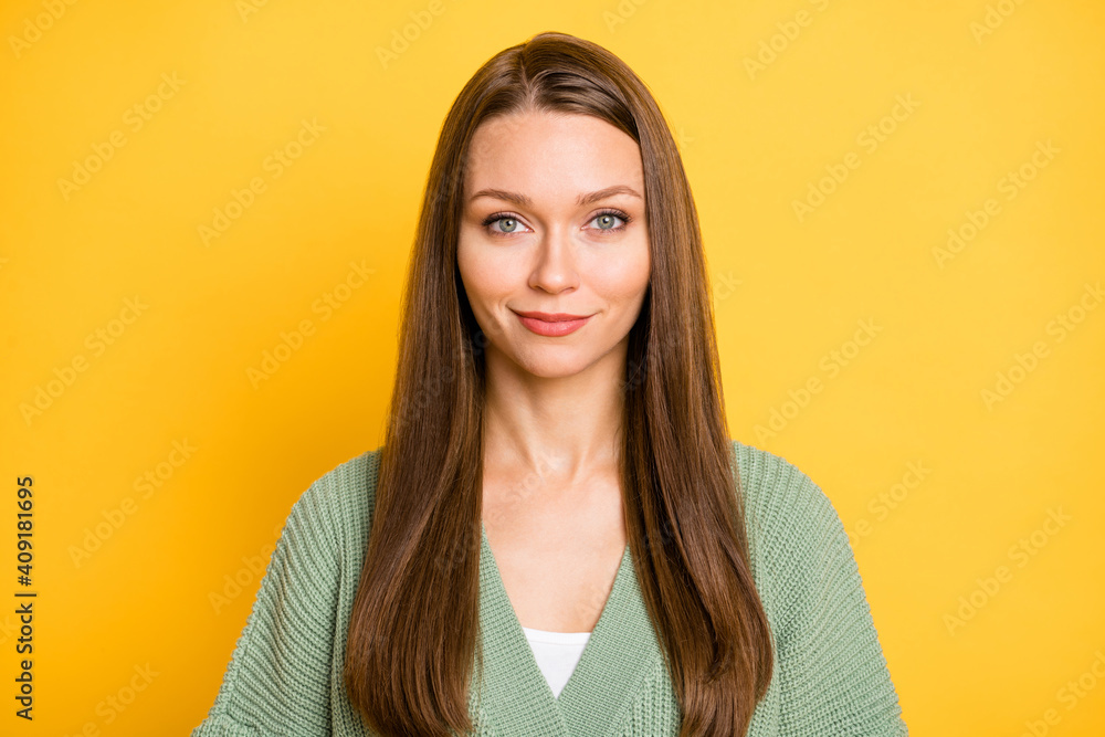 Photo portrait of beautiful young woman isolated on vivid yellow colored background Photo portrait of beautiful young woman isolated on vivid yellow colored background