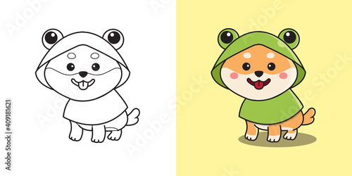 Cute shiba inu wearing frog costume raincoat. Children coloring page. Flat style cartoon vector design.