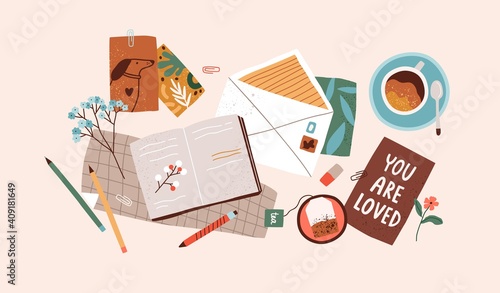 Top view of open notebook, envelope, postcards, greeting cards, pens and cups of tea and coffee. Preparation for holidays. Composition of scattered objects. Colored flat vector illustration