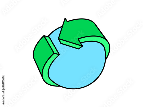 Arrow Wrapped Around a Sphere. Environmental conservation concept. Reduce, reuse, recycle. Arrow around Earth. Save the planet. Earth day. Go green. Green arrow, blue Earth icon. Vector illustration. 