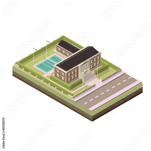 Isometric school. Vector isometric illustration. Vector isometric element representing school or university or academy with volleyball court on the schoolyard.