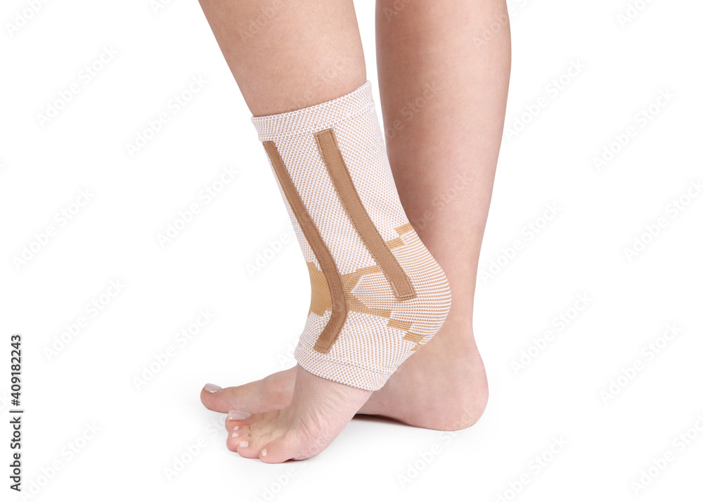 Orthopedic Ankle Brace. Medical Ankle Bandage. Medical Ankle Support Strap Adjustable Wrap Bandage Brace foot Pain Relief Sport. Leg Brace isolated on white background. Trauma Ankle orthosis. Injury