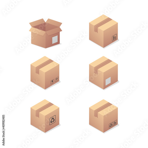 Cardboard carton box set. Delivery and storage. Isometric vector illustration. Isolated on white background. 