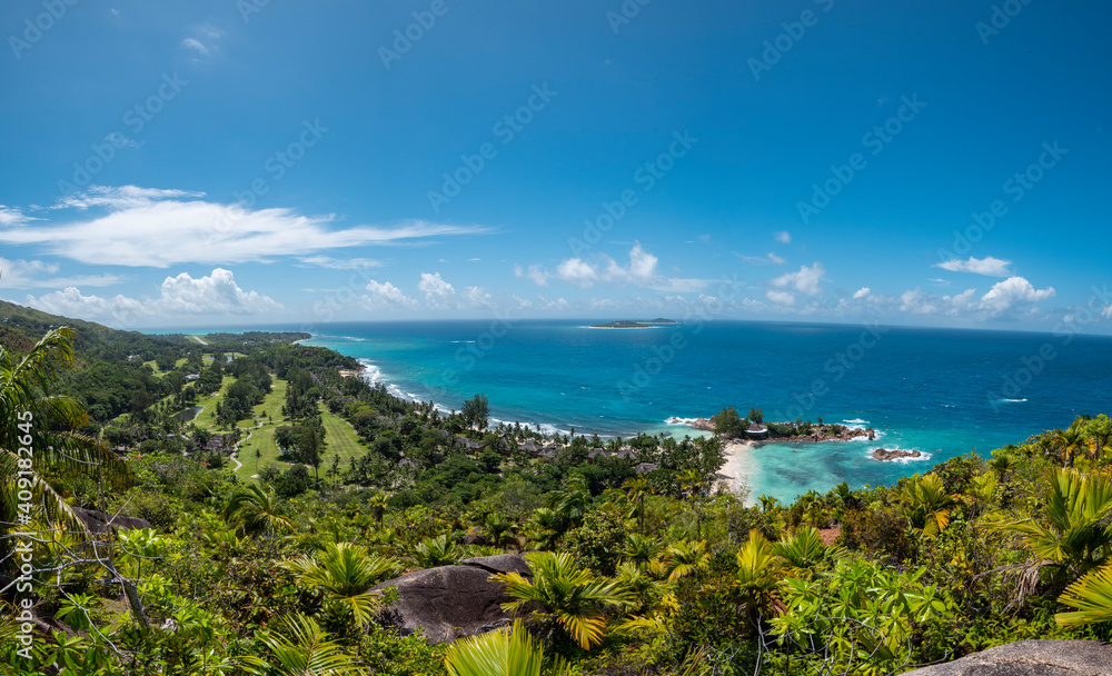 Bright daytime view over Pointe Ste Marie on the west coast of Praslin Island in the Seychelles