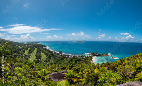 Bright daytime view over Pointe Ste Marie on the west coast of Praslin Island in the Seychelles