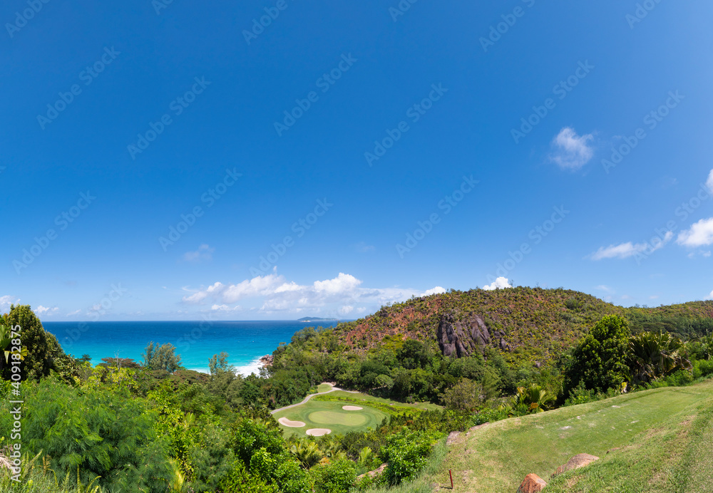 Bright daytime view over Pointe Ste Marie on the west coast of Praslin Island in the Seychelles