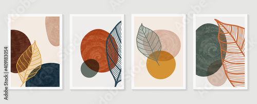 Botanical wall art vector background set. Foliage line art drawing with watercolor.  Abstract Plant Art design for wall framed prints, canvas prints, poster, home decor, cover, wallpaper.