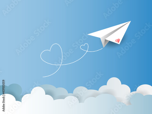 Valentine's day greetin card,background. Flying paper airplane with dotted air route in heart. Hearted airplane path, flight air trace ,White plane with a clouds on a blue background.vector in EPS 10.