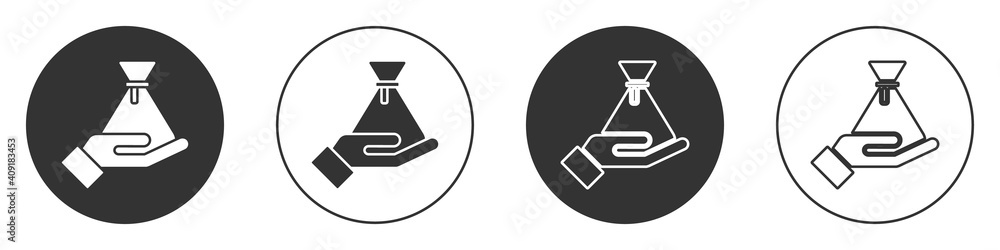 Black Bribe money bag icon isolated on white background. Bill currency. Circle button. Vector. Black Bribe money bag icon isolated on white background. Bill currency. Circle button. Vector.