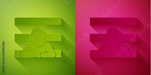 Paper cut Prisoner icon isolated on green and pink background. Paper art style. Vector.