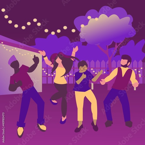Night backyard party Four happy characters dancing in the garden Vector flat illustration