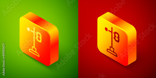 Isometric Train traffic light icon isolated on green and red background. Traffic lights for the railway to regulate the movement of trains. Square button. Vector.