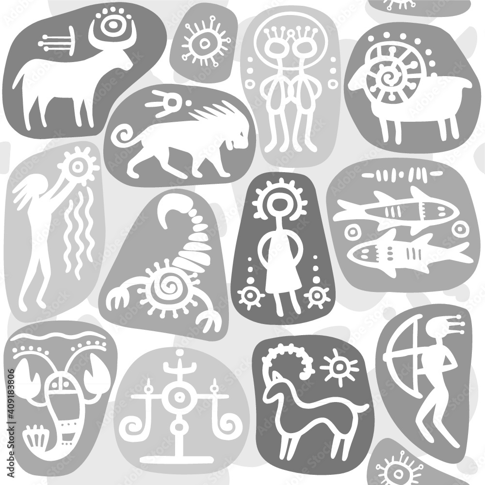 Monochrome seamless background: zodiac signs. Horoscope. Ethnic style.