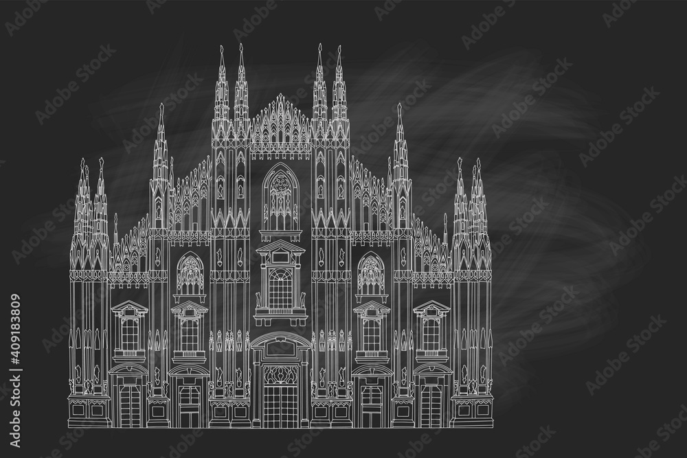 Duomo cathedral in Milan. Vector sketch. Retro style.