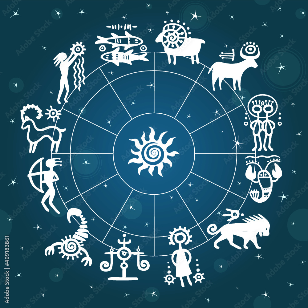 Obraz premium Horoscope circle against the stellar sky. Zodiac signs. Simulation of rock paintings.