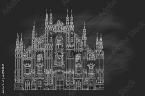 Duomo cathedral in Milan. Vector sketch. Retro style.