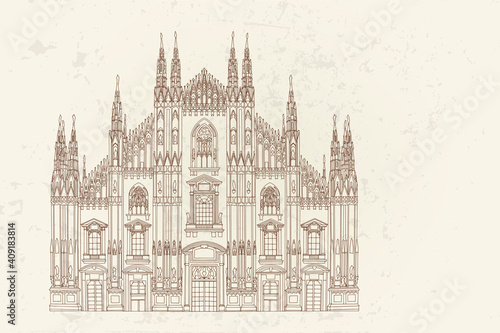 Duomo cathedral in Milan. Vector sketch. Retro style.