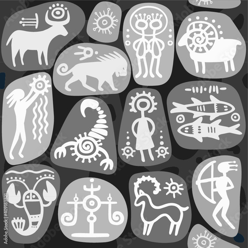Monochrome seamless background: zodiac signs. Horoscope. Ethnic style.