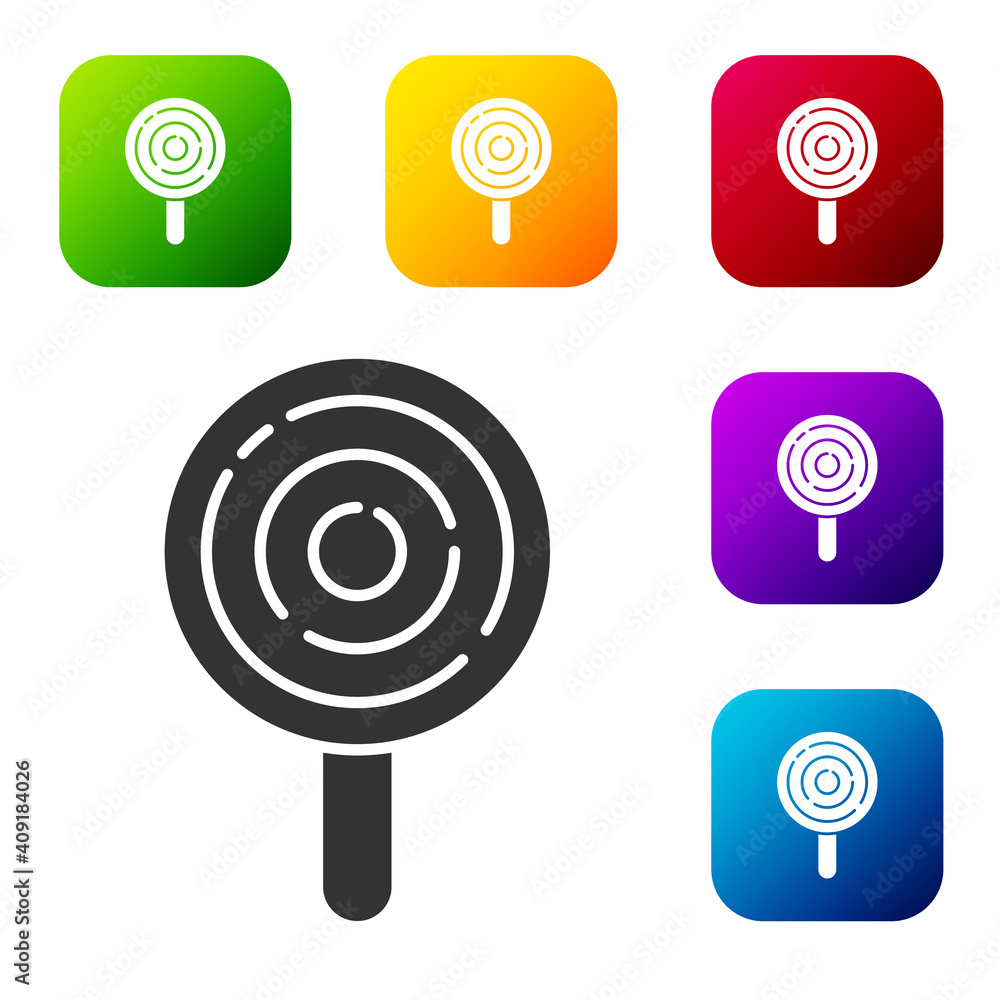 Black Lollipop icon isolated on white background. Candy sign. Food, delicious symbol. Set icons in color square buttons. Vector. Black Lollipop icon isolated on white background. Candy sign. Food, delicious symbol. Set icons in color square buttons. Vector.