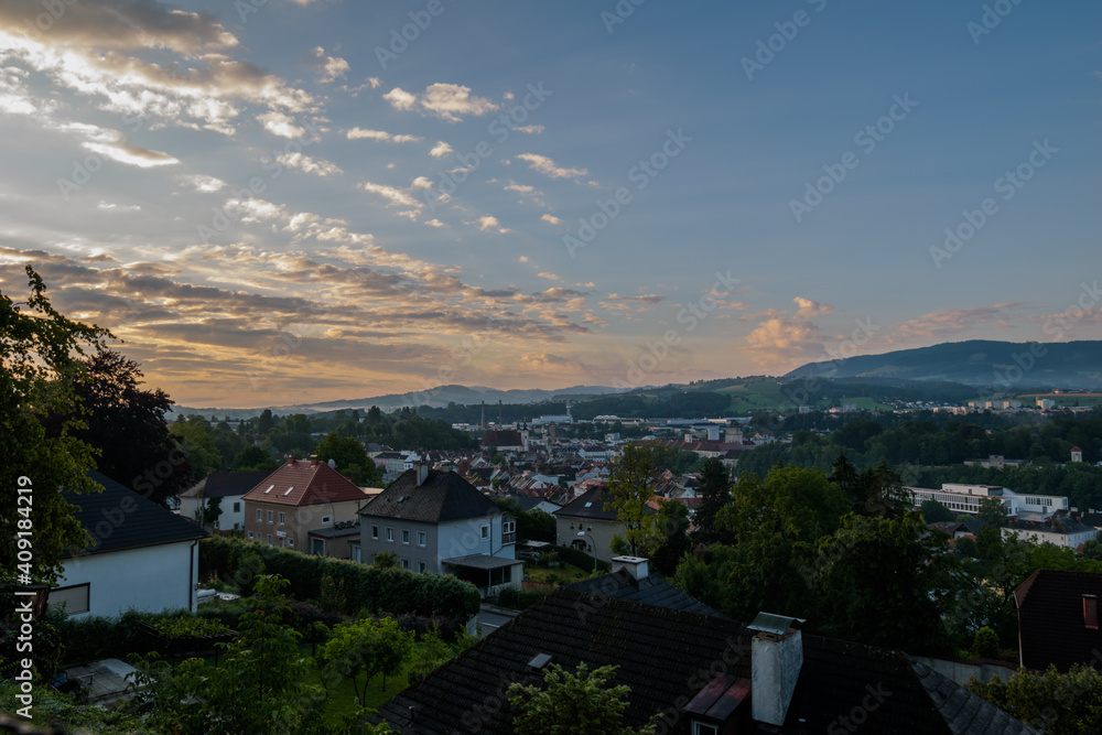 Sunrise over a village in austria