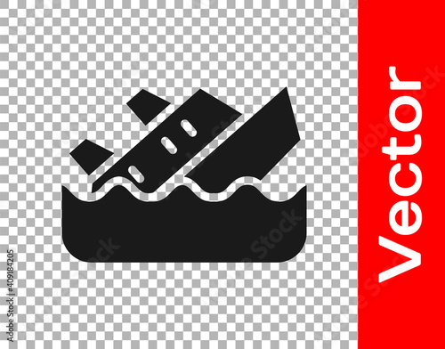 Black Sinking cruise ship icon isolated on transparent background. Travel tourism nautical transport. Voyage passenger ship, cruise liner. Vector.