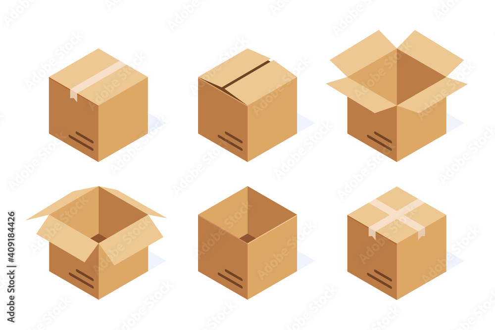 Set of six isometric cardboard boxes isolated on white. Set closed and open cardboard boxes. Vector illustration. Set of six isometric cardboard boxes isolated on white. Set closed and open cardboard boxes. Vector illustration.