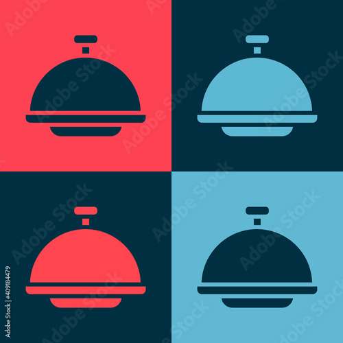 Pop art Covered with a tray of food icon isolated on color background. Tray and lid sign. Restaurant cloche with lid. Vector.
