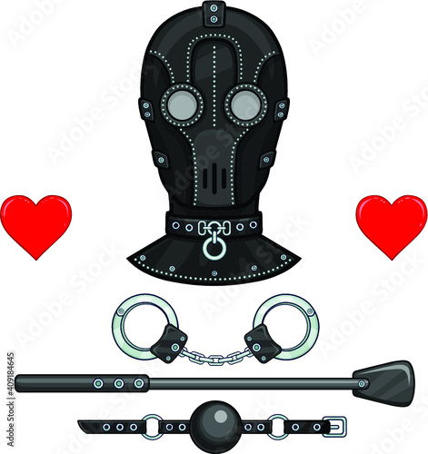 Animation leather mask for adults. Set of erotic toys: handcuffs, stack, ball gag. Template for erotic content. Vector illustration isolated on a white background. Print, poster, t-shirt, card, emblem
