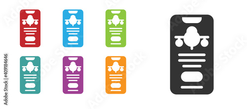 Black Smartphone with electronic boarding pass airline ticket icon isolated on white background. Passenger plane mobile ticket for web and app. Set icons colorful. Vector.
