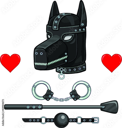 Animation mask a dog for adults. Set of erotic toys: handcuffs, stack, ball gag. Template for erotic content. Vector illustration isolated on a white background. Print, poster, t-shirt, card, emblem