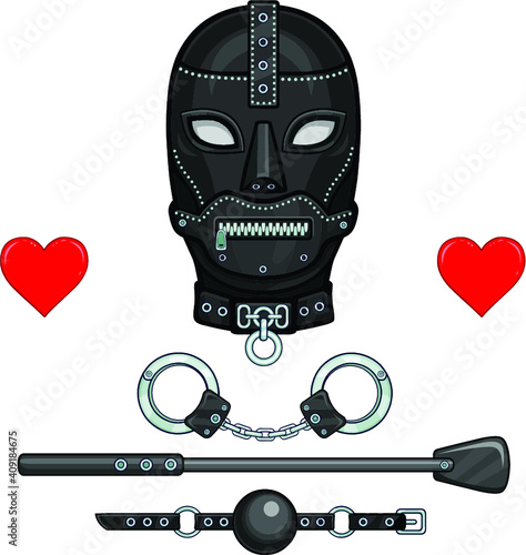 Animation leather mask for adults. Set of erotic toys: handcuffs, stack, ball gag. Template for erotic content. Vector illustration isolated on a white background. Print, poster, t-shirt, card, emblem