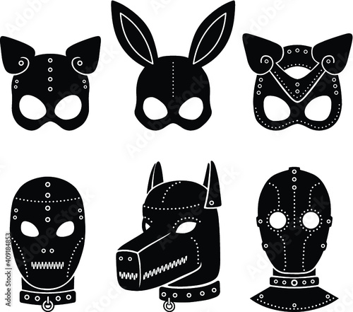 Set of animation masks for adults. Person, dog, cat, rabbit. Template for erotic content. Vector illustration isolated on a white background. Print, poster, t-shirt, card, emblem, icon.