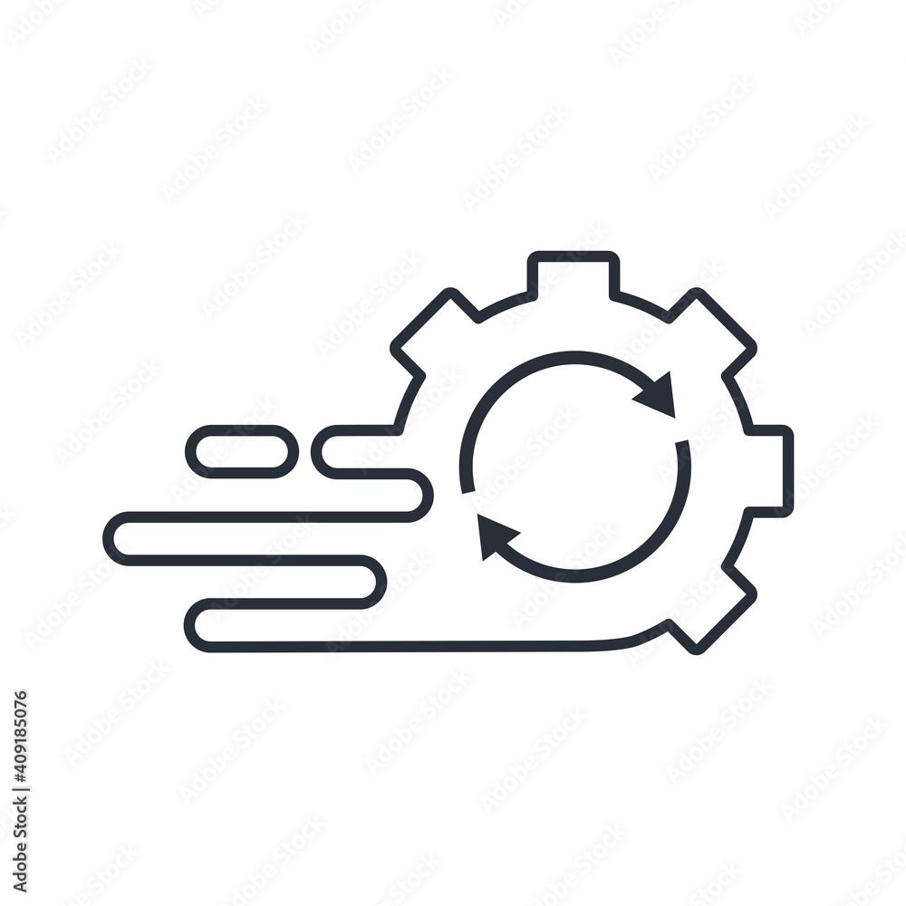 Gear, speed and rotation arrows. Accelerated process. Vector linear icon isolated on white background. Gear, speed and rotation arrows. Accelerated process. Vector linear icon isolated on white background.