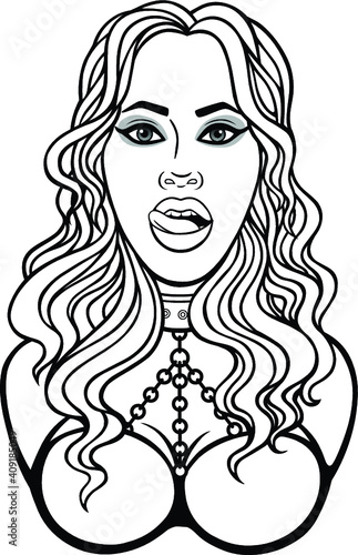 Animation portrait of the beautiful woman  licks lips. Template for erotic content. Monochrome drawing. Vector illustration isolated on a white background.Print, poster, t-shirt, card, emblem. 
