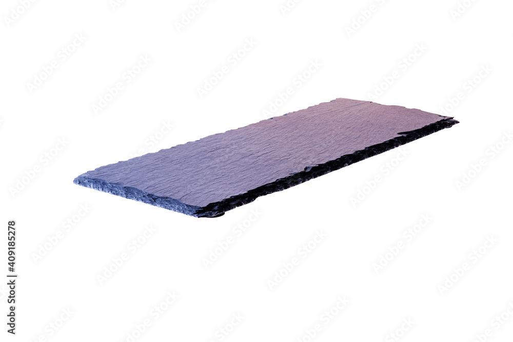 Black slate rectangular stone plate . Kitchen stone tray for food isolated on white background Black slate rectangular stone plate . Kitchen stone tray for food isolated on white background