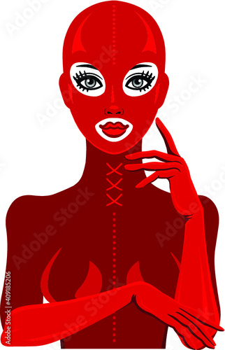 Animation portrait of the beautiful girl in a red latex suit and mask. Template for erotic content. Vector illustration isolated on a white background. Print, poster, t-shirt, card, emblem.