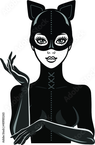 Animation portrait of the beautiful girl in a black latex suit and mask cat. Template for erotic content. Vector illustration isolated on a white background. Print, poster, t-shirt, card, emblem.