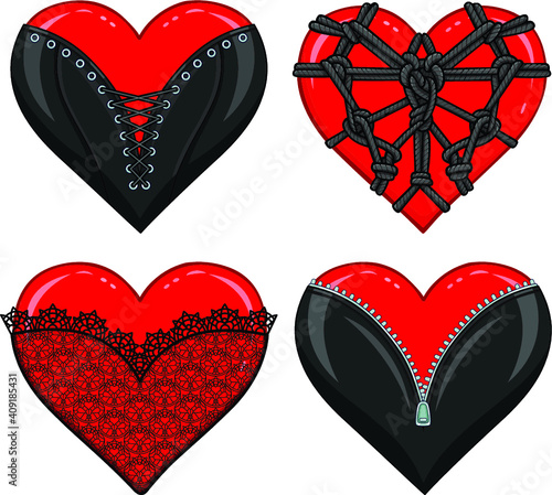 Set of animation hearts in erotic clothes and accessories. Latex, shibari, lace, corset. Template for erotic content. Vector illustration isolated on a white background. Print, poster, t-shirt, card. 