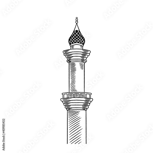 Vector sketch of mosque tower hand drawn illustration. Ramadhan Kareem, Happy Eid Mubarak, Ramadhan celebration concept isolated on white background. Moslem tradition with arabic religion design